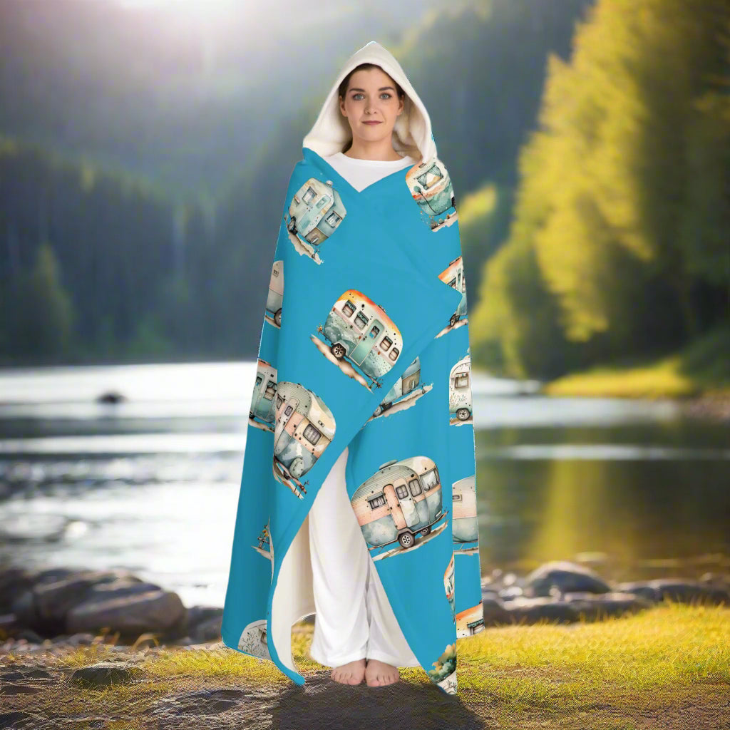 Vintage Caravans Hooded Sherpa Fleece Blanket