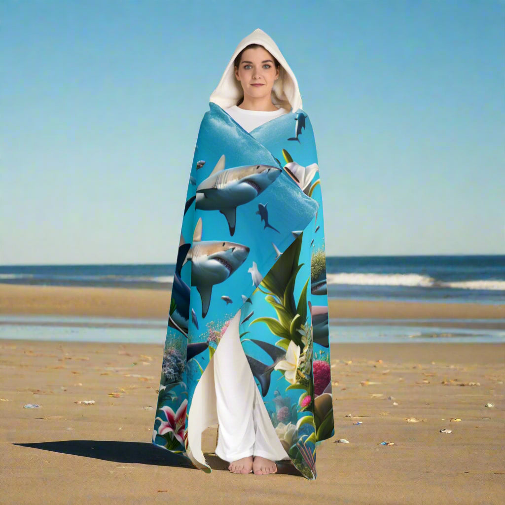 Underwater Adventure Shark Hooded Sherpa Fleece Blanket