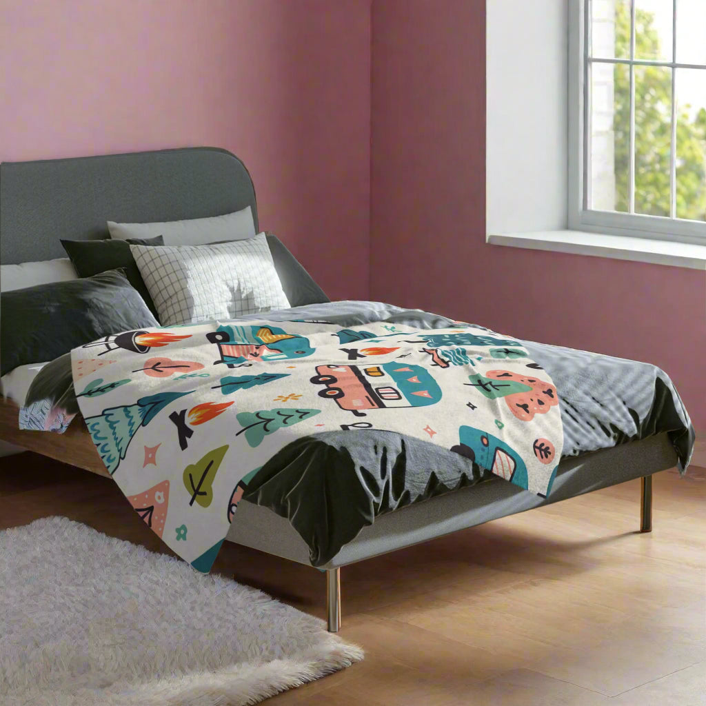 Happy Campers Cute Cozy Velveteen Microfiber Blanket