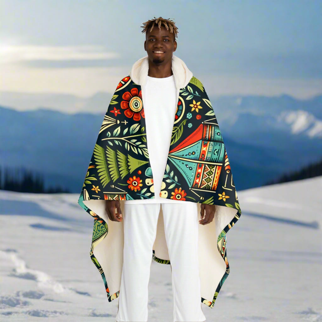 Classic Camping in Woods Sherpa Fleece Hooded Blanket