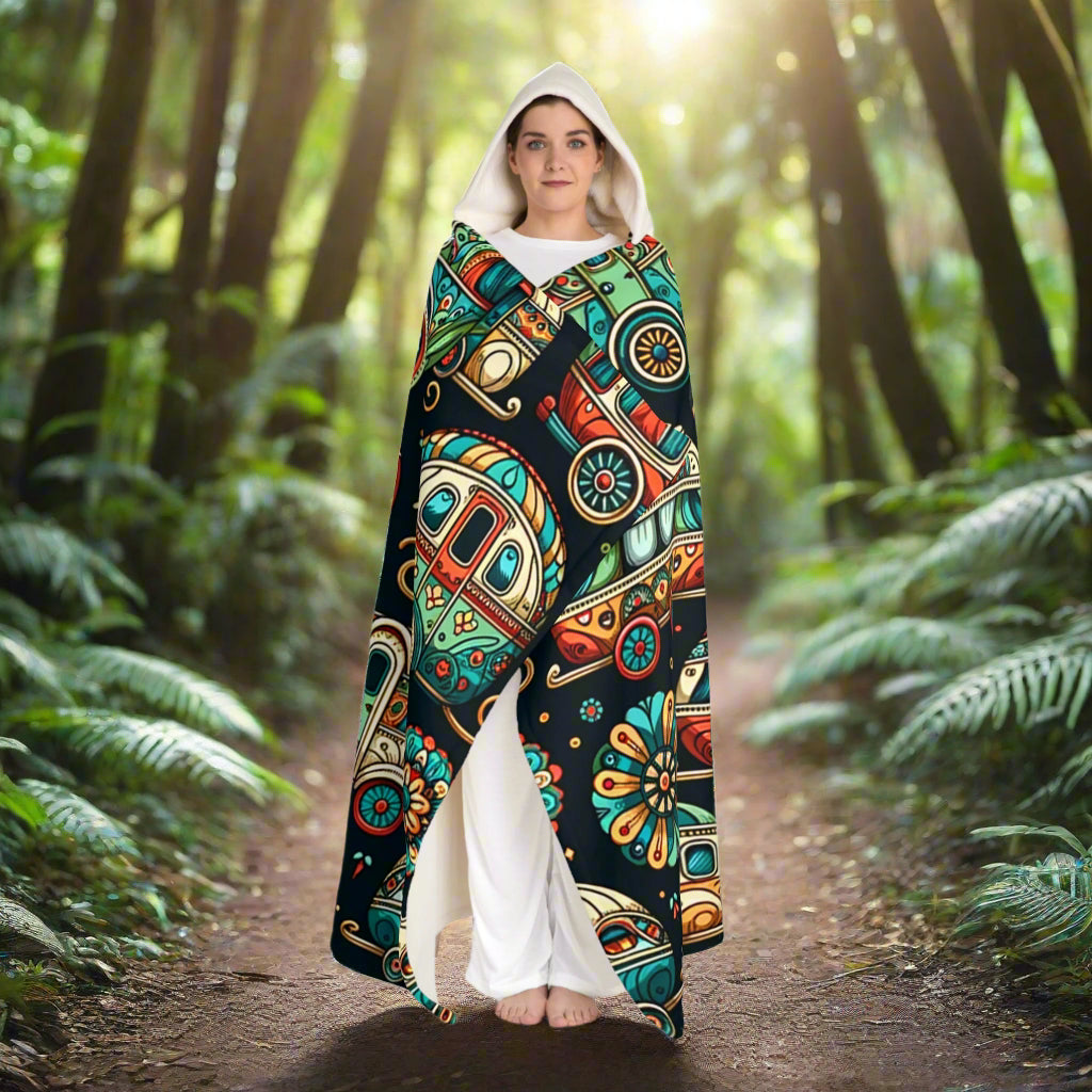 Fairyland Vintage Campers Hooded Sherpa Fleece Blanket