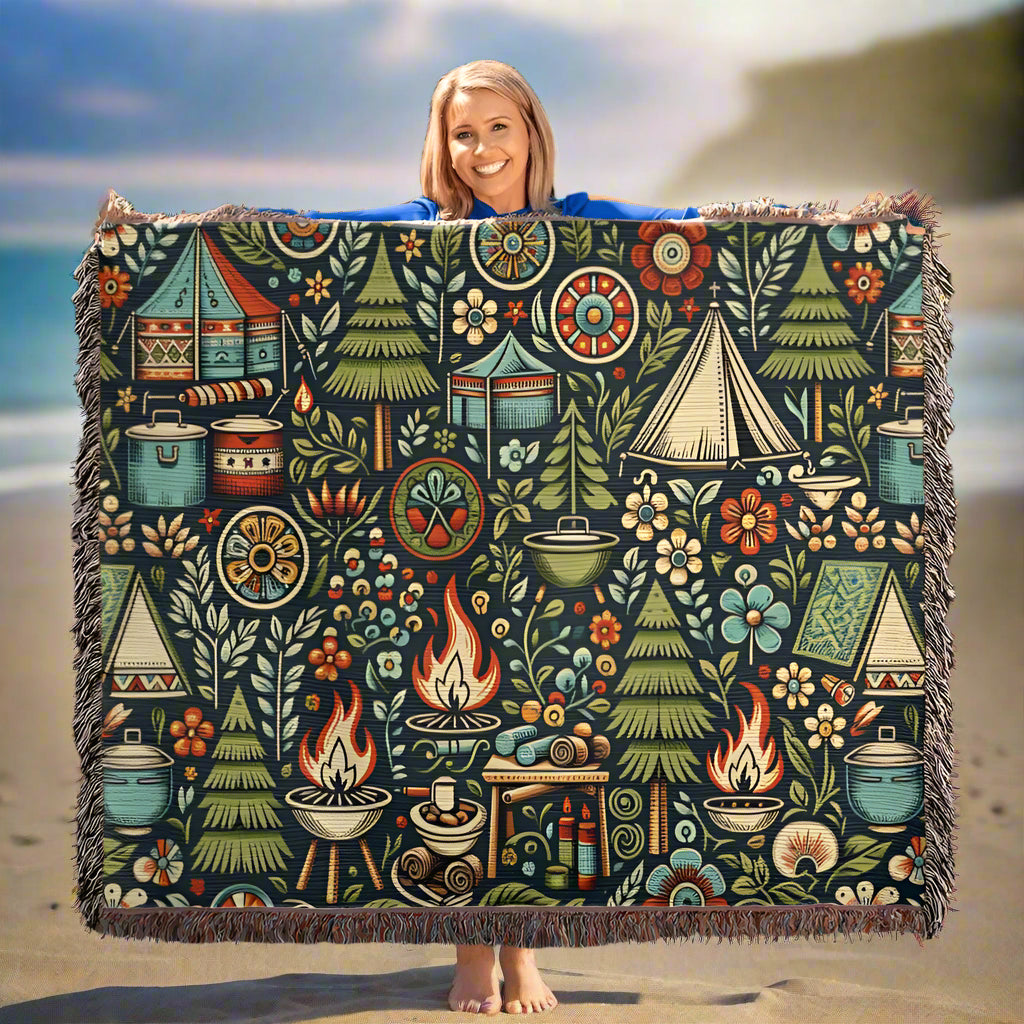Classic Camping In Woods  Woven Blanket