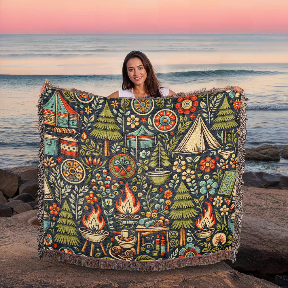 Classic Camping In Woods  Woven Blanket