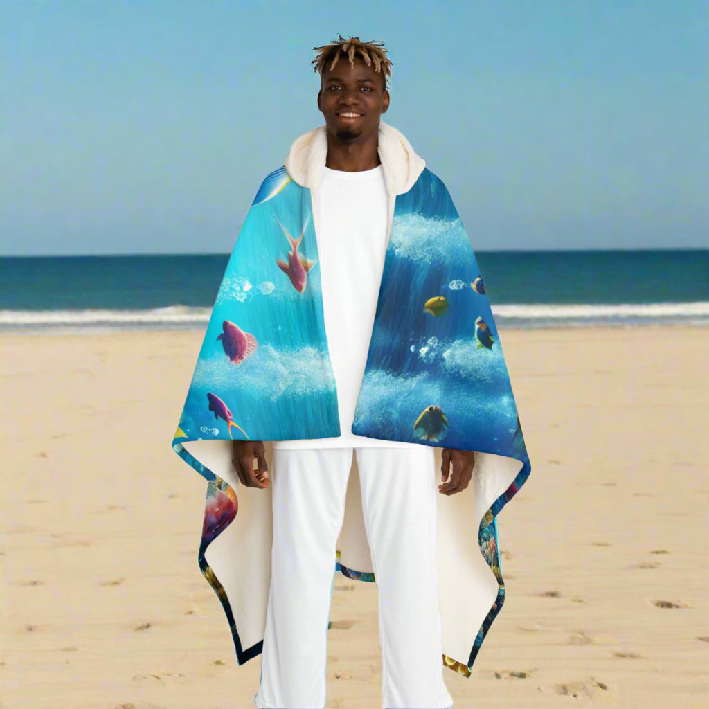 Tropical Fish World Hooded Sherpa Fleece Blanket