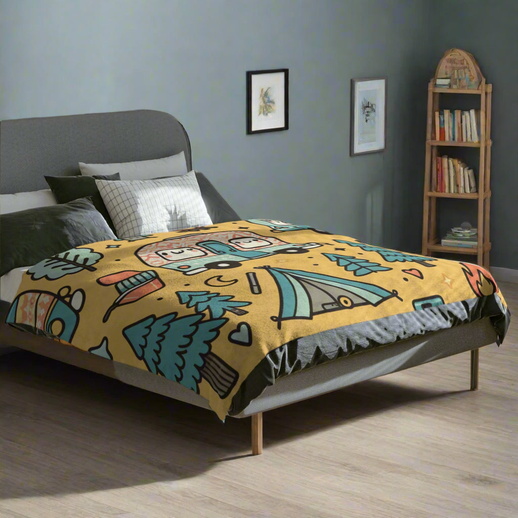 Fun & Cute Camping Velveteen Microfiber Blanket