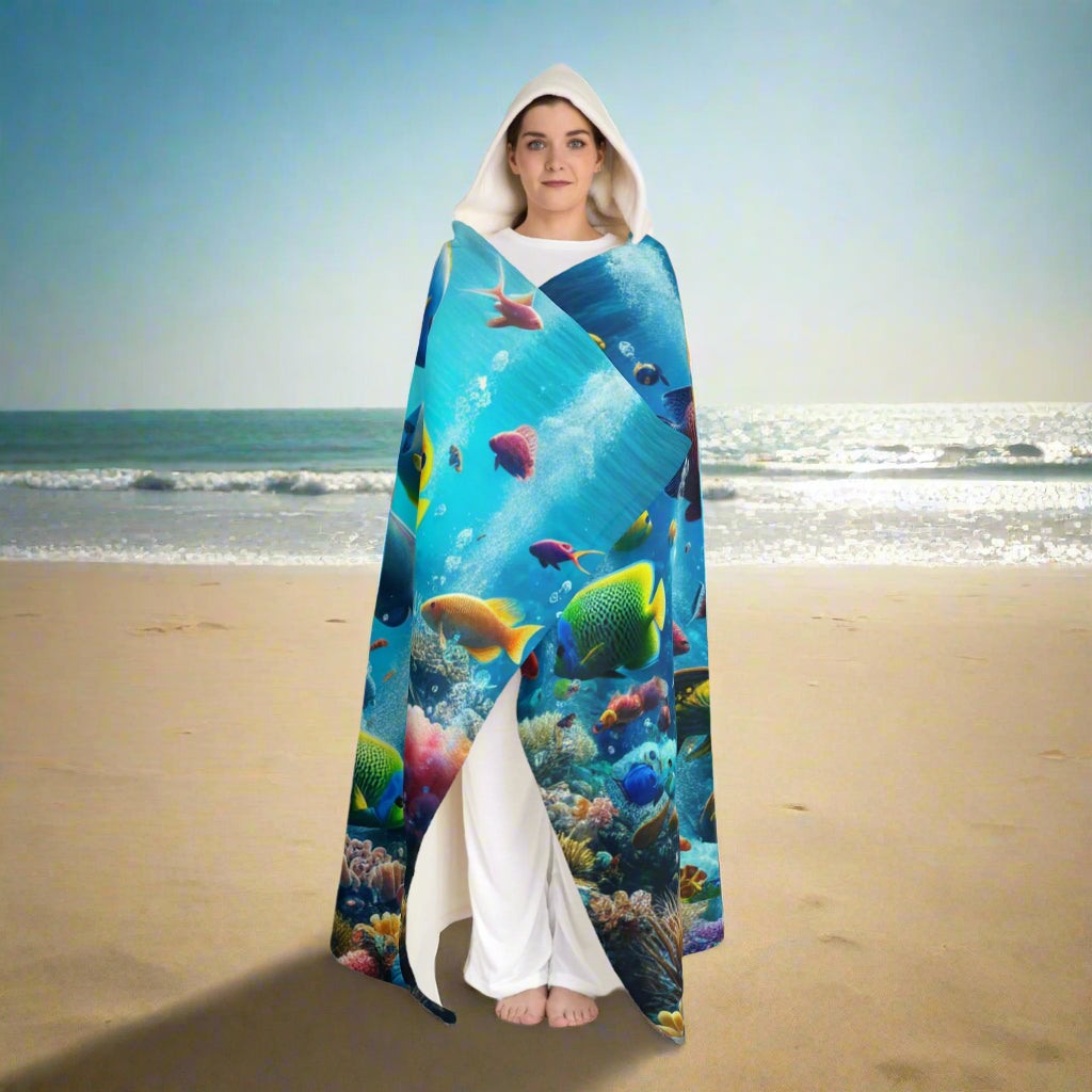 Tropical Fish World Hooded Sherpa Fleece Blanket