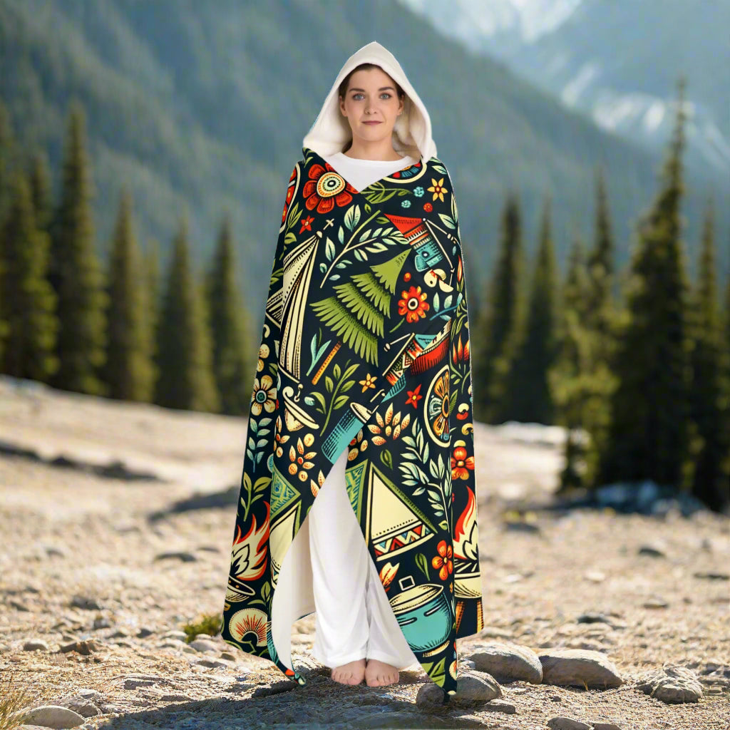 Classic Camping in Woods Sherpa Fleece Hooded Blanket