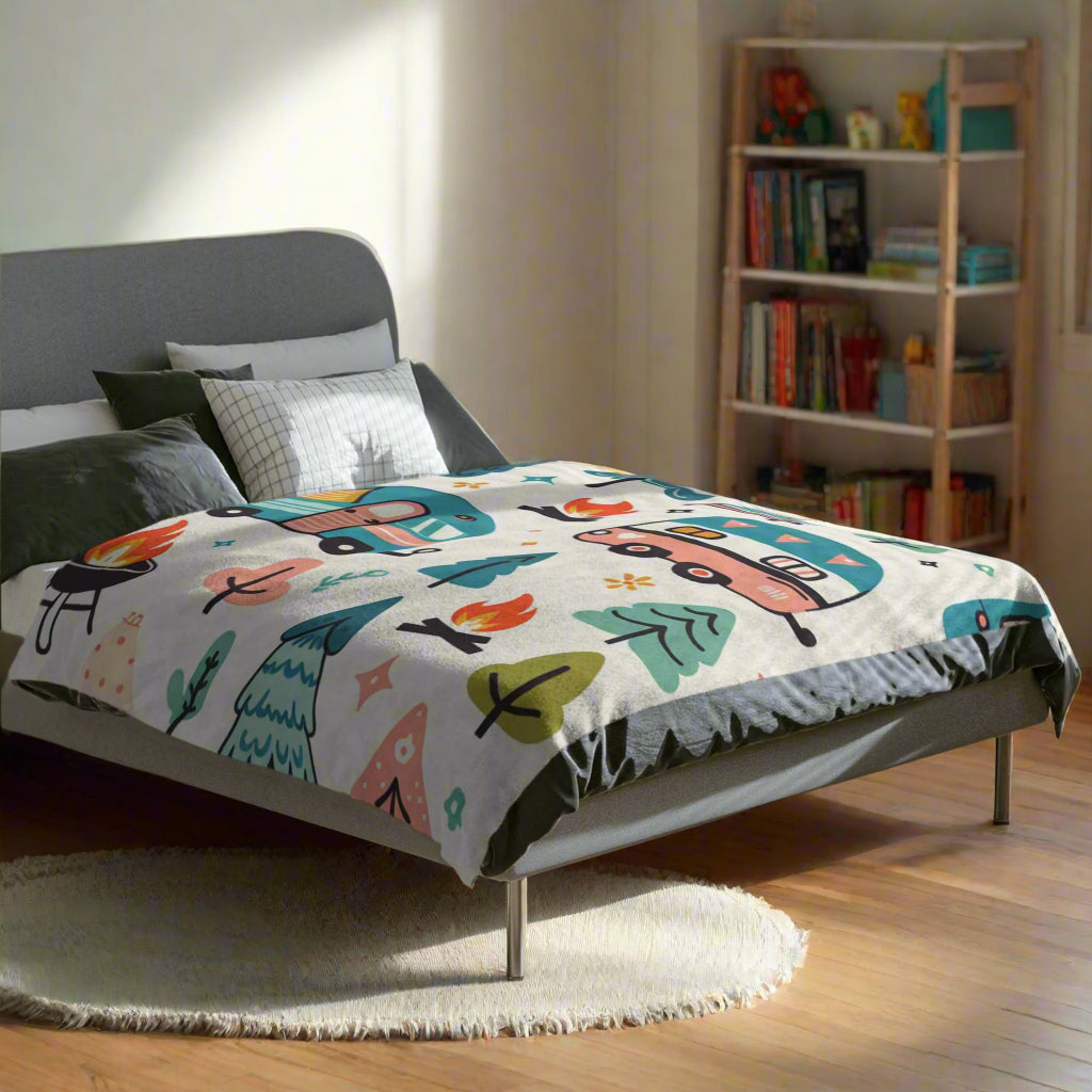 Happy Campers Cute Cozy Velveteen Microfiber Blanket