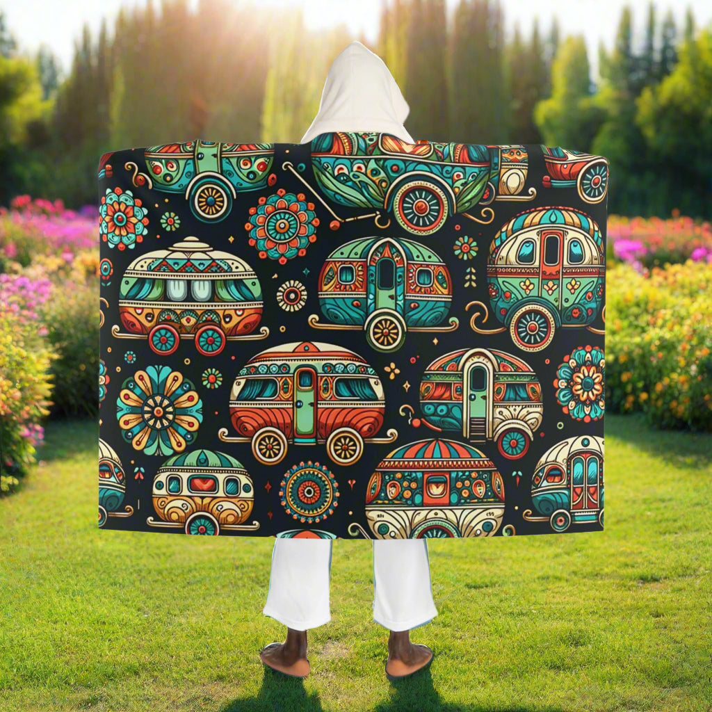 Fairyland Vintage Campers Hooded Sherpa Fleece Blanket
