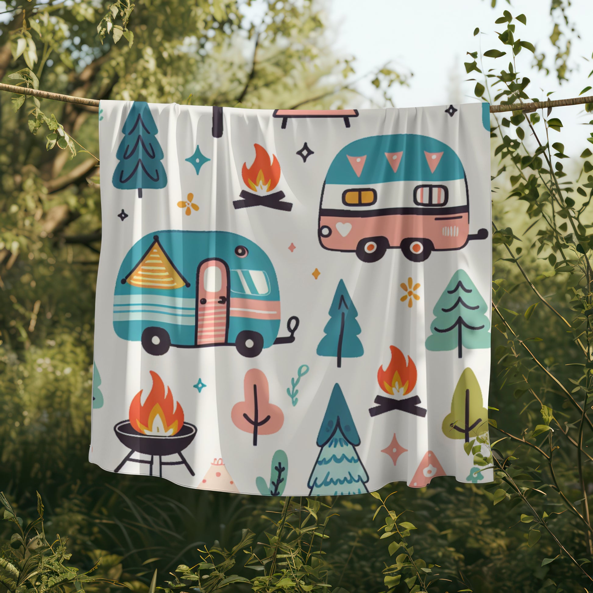 Happy Campers Cute Cozy Velveteen Microfiber Blanket