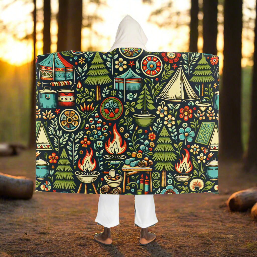 Classic Camping in Woods Sherpa Fleece Hooded Blanket
