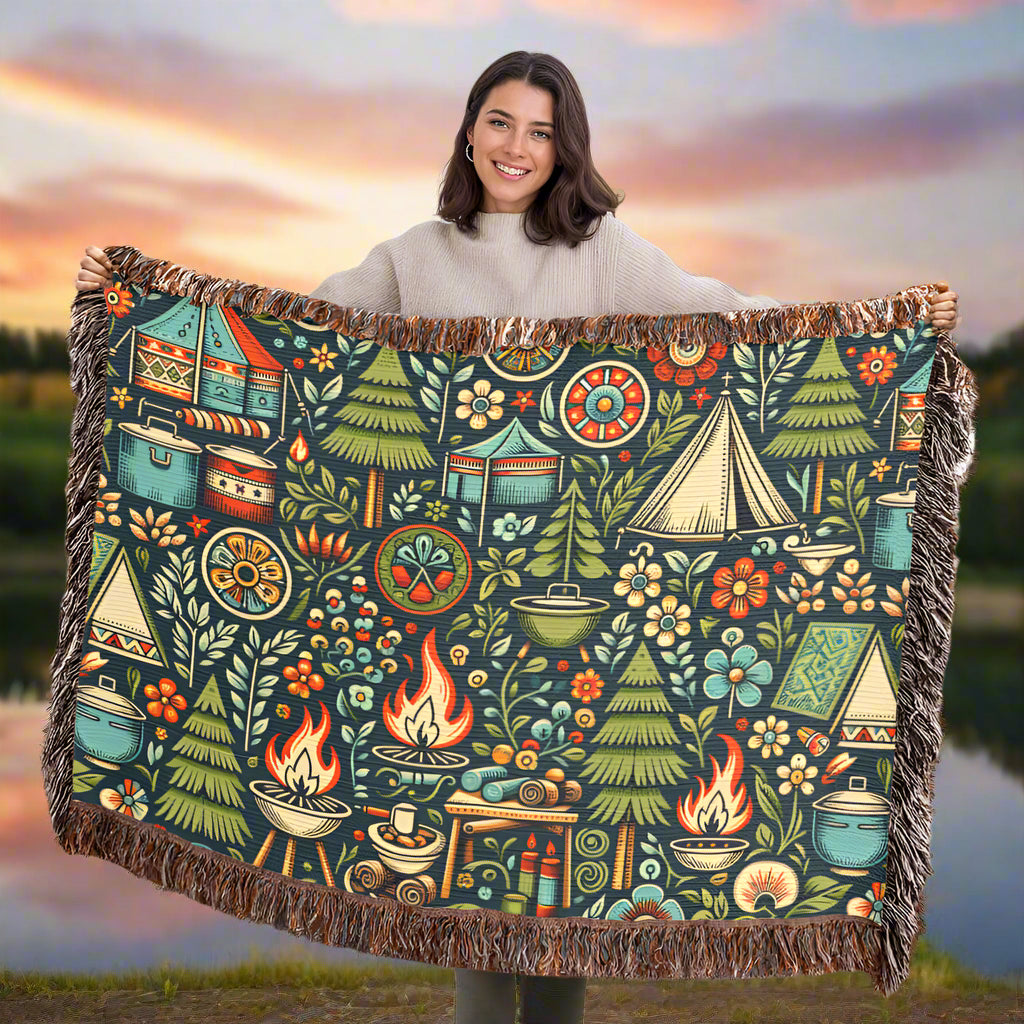 Classic Camping In Woods  Woven Blanket
