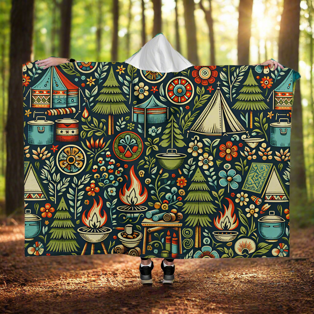 Classic Camping in Woods Sherpa Fleece Hooded Blanket
