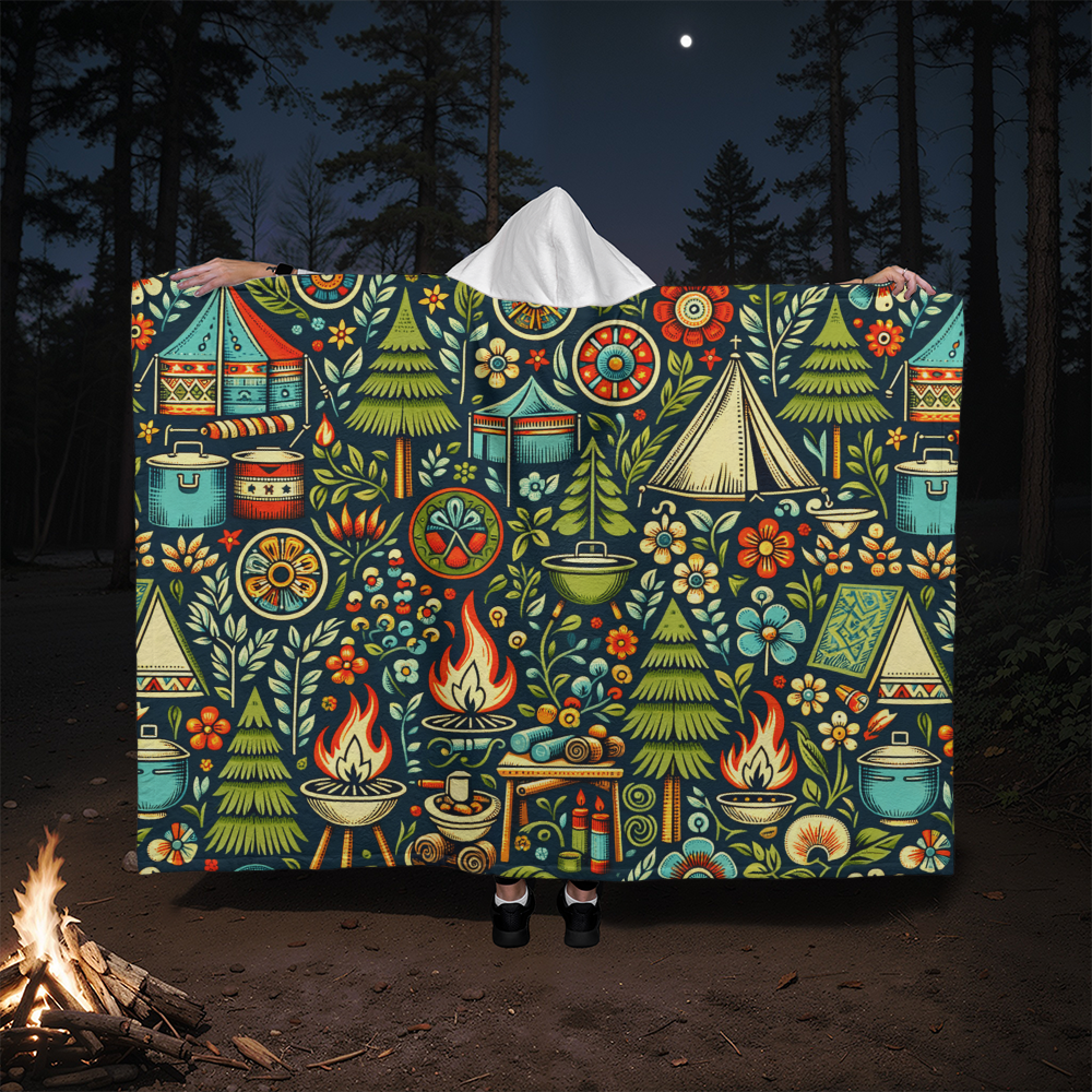 Classic Camping in Woods Sherpa Fleece Hooded Blanket