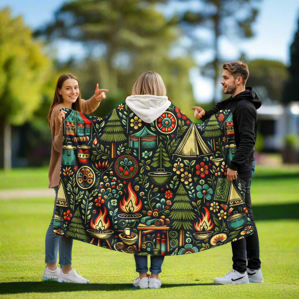 Classic Camping in Woods Sherpa Fleece Hooded Blanket